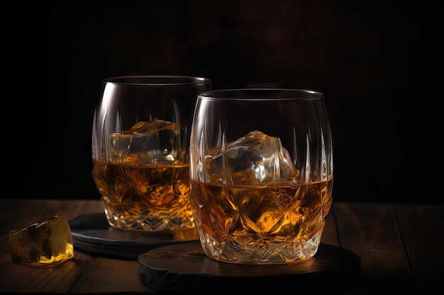 Whisky avec de la glace dans deux verres AI générative