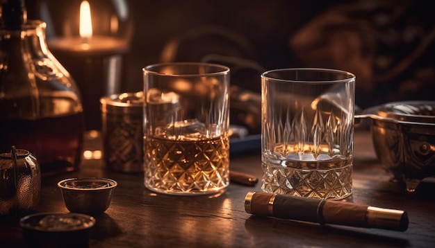 Whisky de luxe et brandy sur table en bois dans un bar sombre généré par l'IA