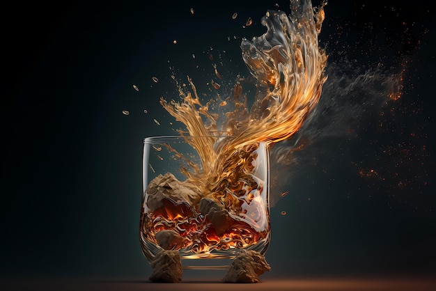 Whisky ou rhum éclaboussant d'un verre sur fond noir et réflexions Concept de luxe d'alcool