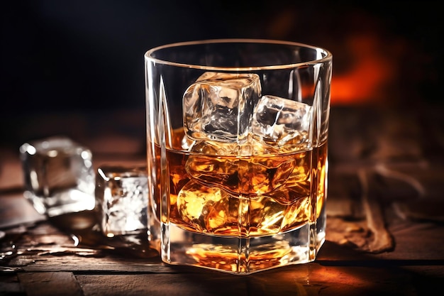 Whisky en verre avec des cubes de glace sur fond rustique en bois foncé se bouchent