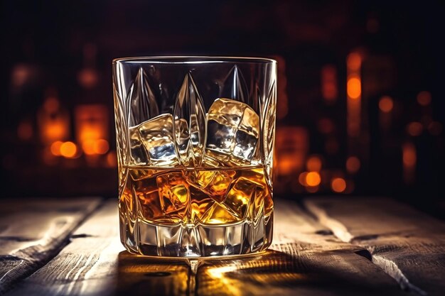 Whisky en verre avec des cubes de glace sur fond rustique en bois foncé se bouchent