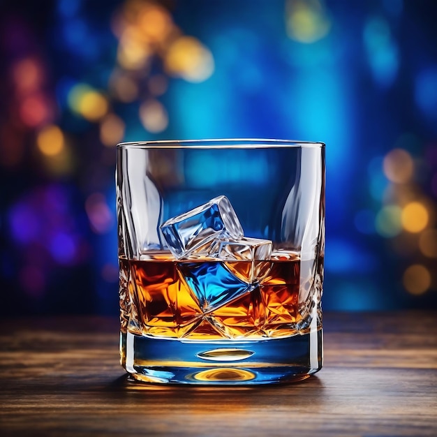 Whisky un verre sur une table bleu fond coloré généré par l'IA