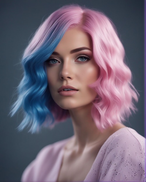 Whispers of Color Model's Elegance avec des cheveux roses et bleu ciel sur aquarelle