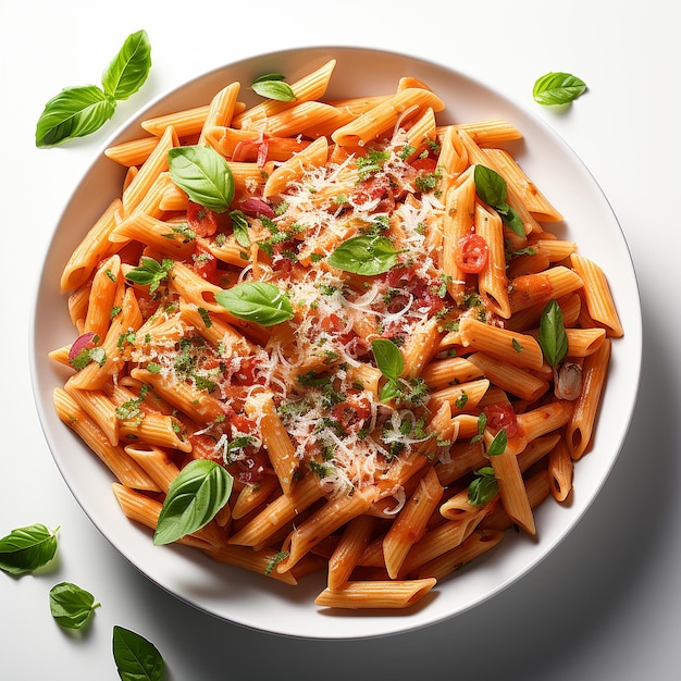 white_plate_of_Penne_pasta_with_tomato_sauce_on_white_ba