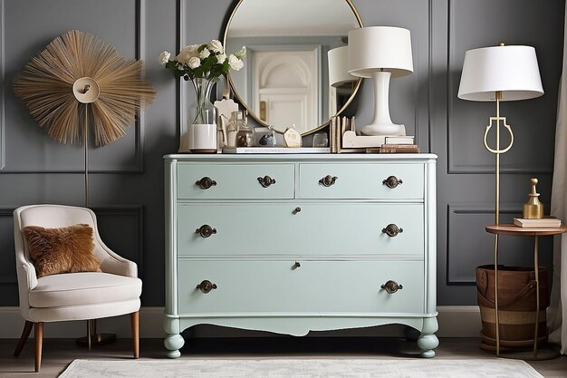 Photo white wooden dresser with three vases and flowers on white wall background chest of drawers close up