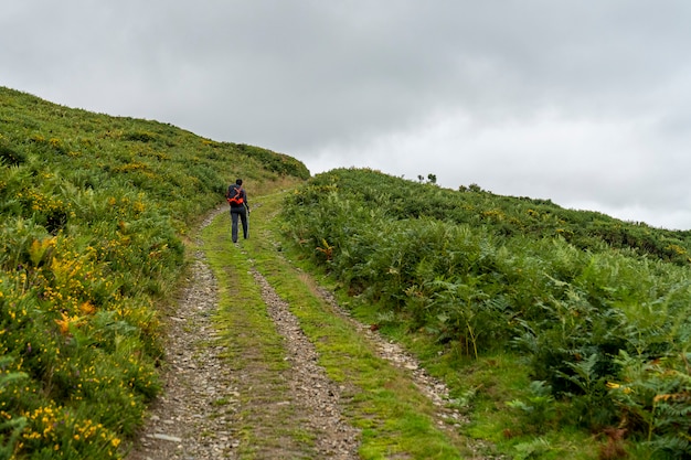 Wicklow way paysage dans une journée nuageuse avec un excursionniste sur le chemin.