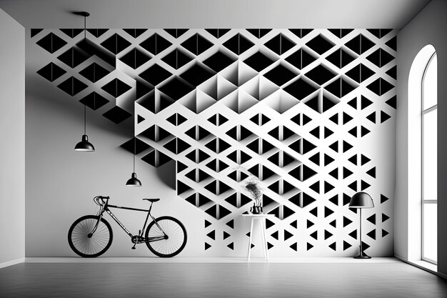 Photo wide shot white room sur le mur avec motif de vélo en géométrie ai générative