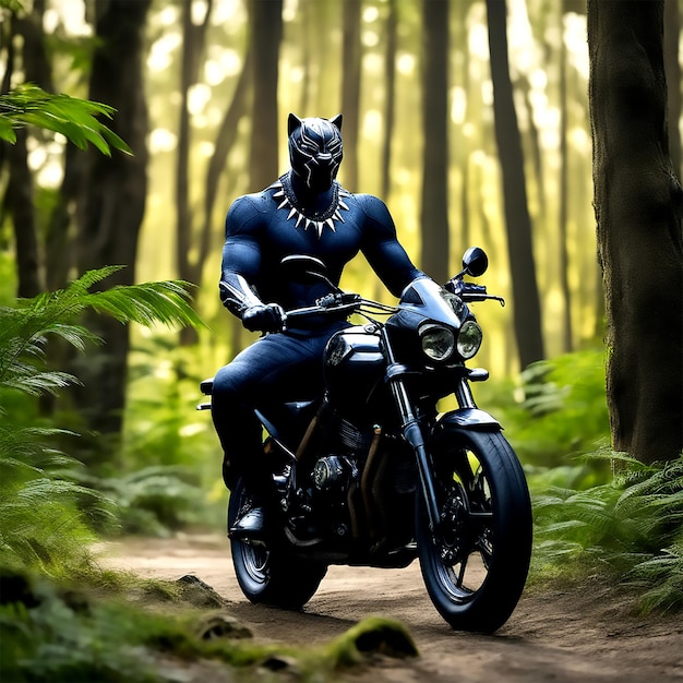 Wild Adventure Ride Mighty Black Panther errant dans la forêt à moto