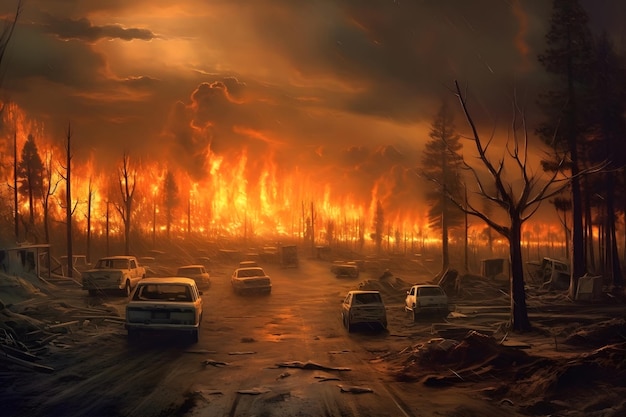 Wildfire Apocalypse Un paysage post-apocalyptique après qu'un incendie de forêt a ravagé la région Generative AI