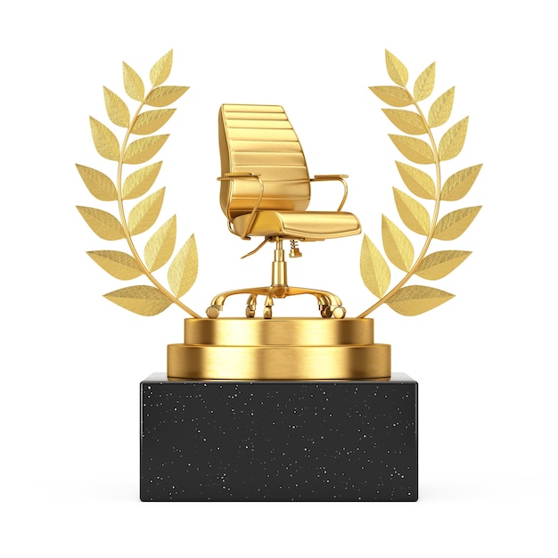 Winner Award Cube Gold Laurel Wreath Podium, scène ou piédestal avec chaise de bureau Golden Boss sur fond blanc. Rendu 3D