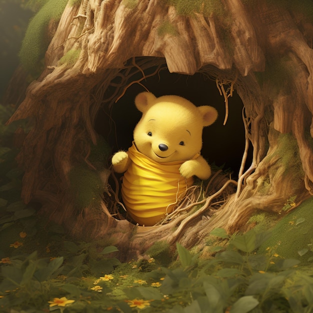 Winnie l'ours dans un creux dans un arbre génératif ai