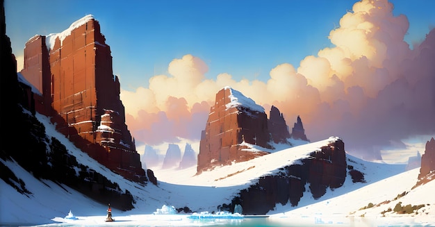 Winter Fantasy Wallpaper lac gelé entouré de montagnes rocheuses couvertes de neige Generative ai pour les livres pour enfants histoires contes de fées