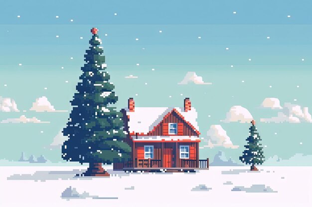 Winter Wonderland Pixel Art Illustration d'un arbre de Noël et d'une maison dans la neige