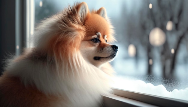 Winter Wonderland Pomeranian pup regardant par une fenêtre enneigée