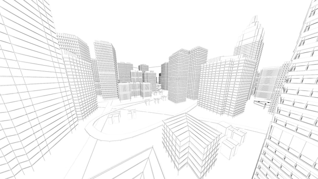 Wireframe CityscapeLowpolygon villes et bâtimentsDans le quartier des affaires de la ville une haute structure Il y a des rivières et des routes3d rendu