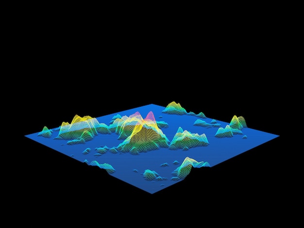 Wireframe de grille de montagne topographique rendu en 3D. Terrain maillé.