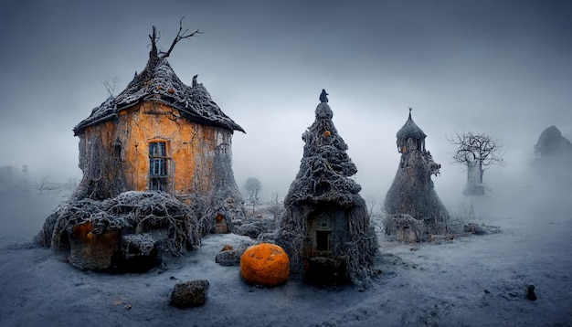 Witch Village with Pumpkins in the Mist. illustration réaliste du festival d'halloween.