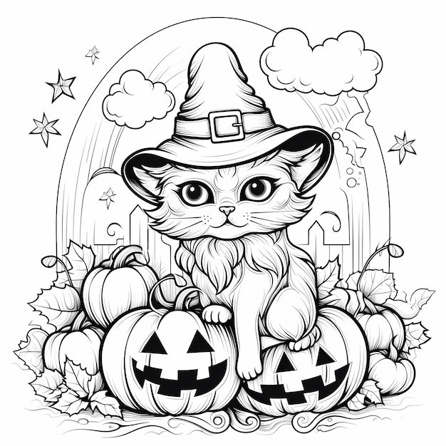 Witchy Whiskers Halloween Chat Coloriage avec citrouille et chapeau