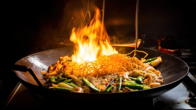 Un wok avec un feu à l'intérieur qui est ouvert au feu.