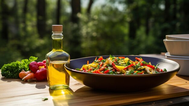 Un wok rempli de légumes sautés colorés et de protéines avec une bouteille d'huile de cuisson