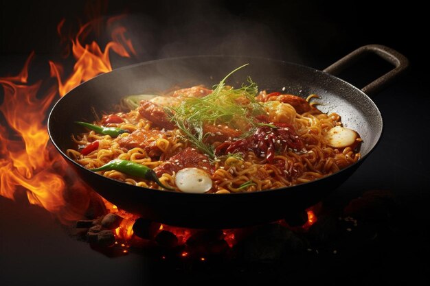 Photo un wok rempli de nouilles et de viande sur un feu