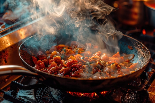 Un wok rempli de nourriture cuisinée sur un poêle