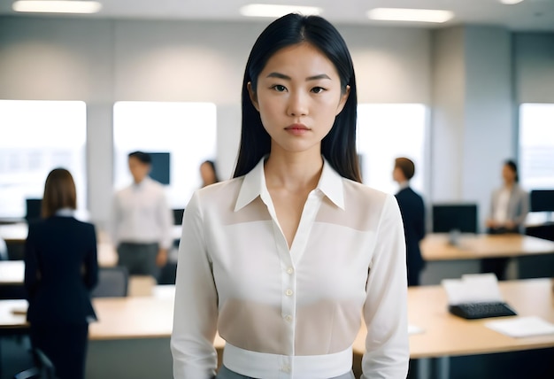 Photo a woman in a white shirt and a white shirt is standing in front of a desk with people in the backgro