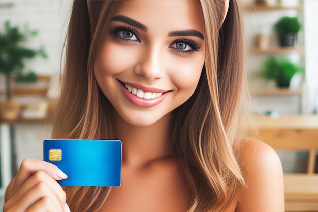 Photo woman is holding a blue credit card and smiling