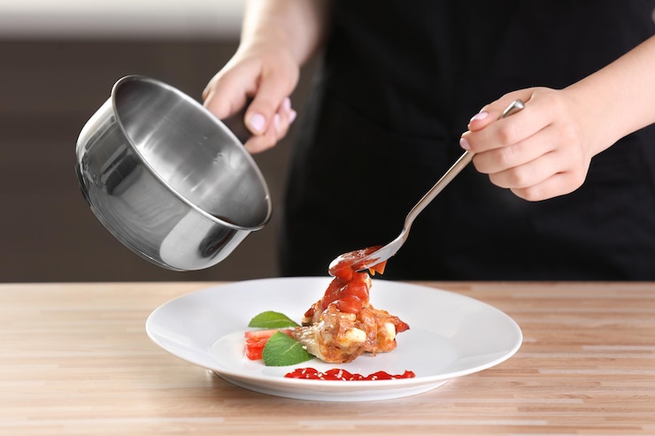 Photo woman pouring yummy fried chicken with sauce on white plate