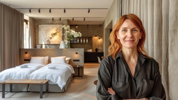 Photo a woman stands in front of a bed with a white bed and a large window with a view of the bed