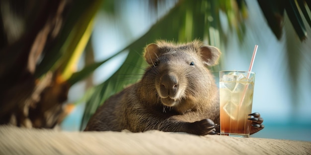 Wombat est en vacances d'été dans une station balnéaire et se détend sur la plage d'été