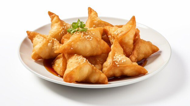 Wontons frits isolés sur un fond blanc