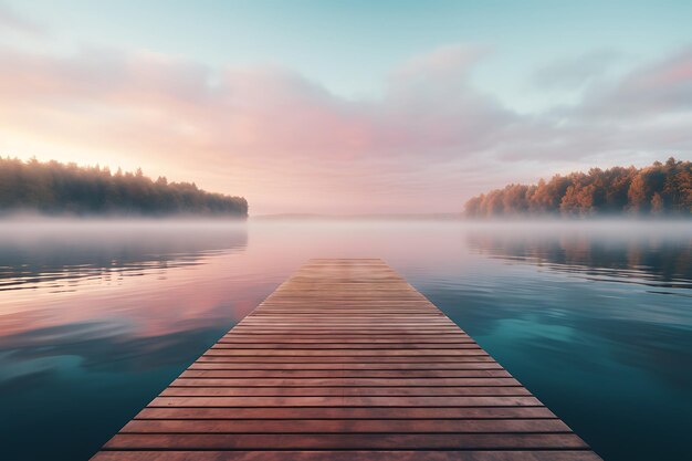 Photo wooden pier on the lake at sunrise 3d rendering