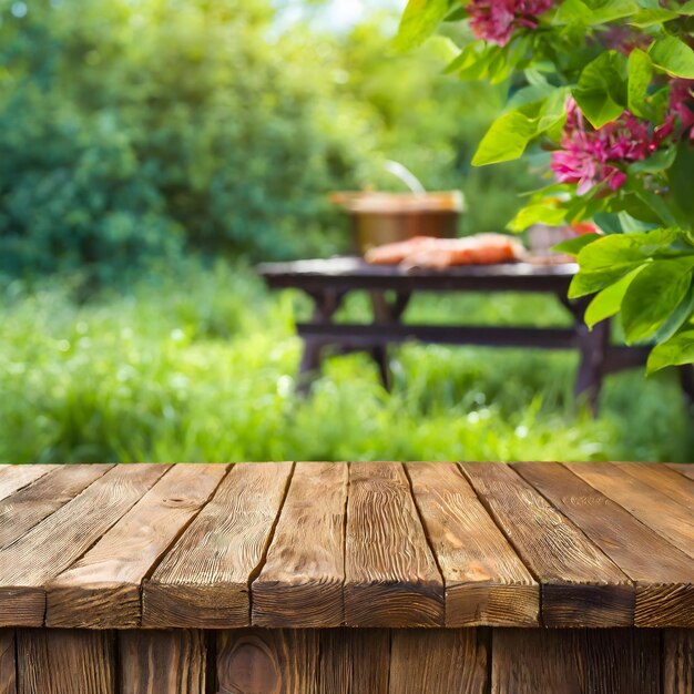 Photo wooden table with bench in background generative ai