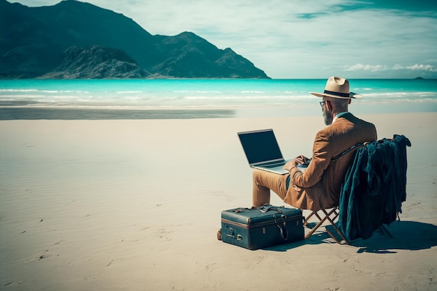 WorkLife Balance Un homme d'affaires travaillant à distance depuis une belle plage Generative AI