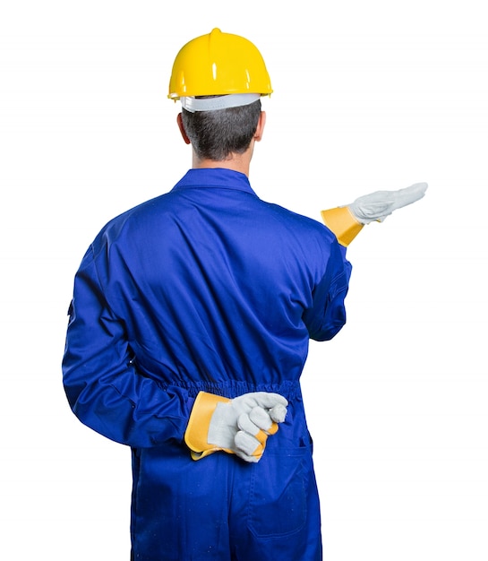 Workman back thinking on white background