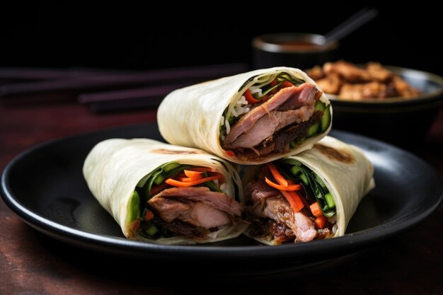 Wrap asiatique au canard avec une paire de baguettes noires