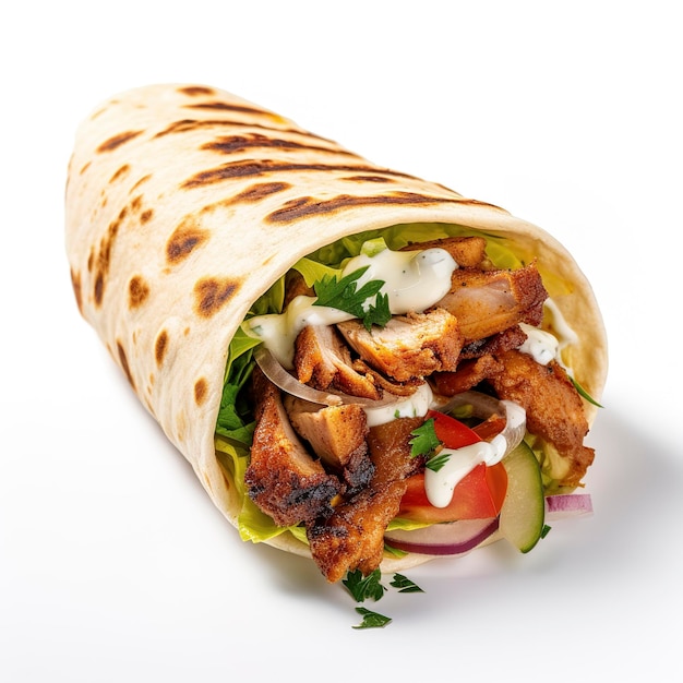 Wrap au poulet isolé sur fond blanc uni