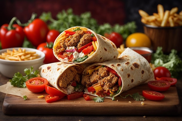 Wrap de poulet frit avec sauces pour frites aux poivrons et tomates