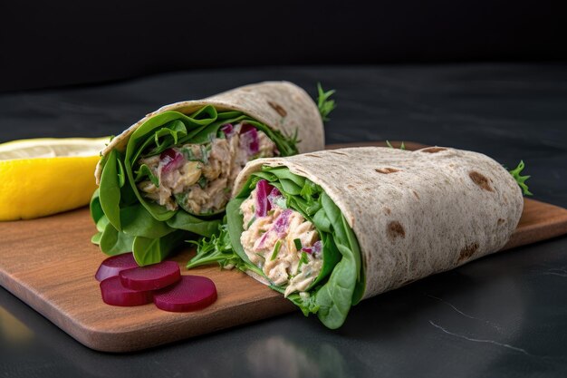 Wrap de salade de thon avec oignons rouges et aneth verts mélangés créés avec générative ai