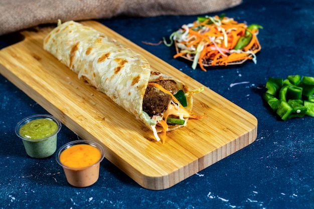 Wrap de shawarma de boeuf Kofta avec trempette de salade et sauce vue latérale de la planche de bois isolée de la restauration rapide