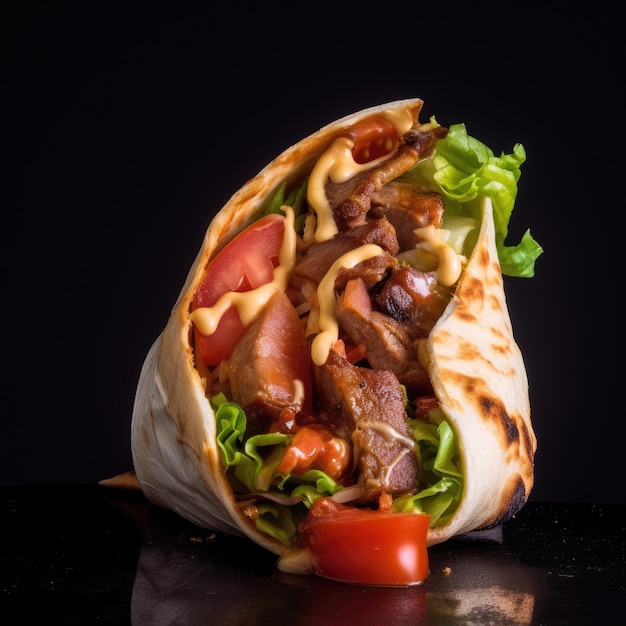 Un wrap avec de la viande, de la tomate et de la laitue dessus