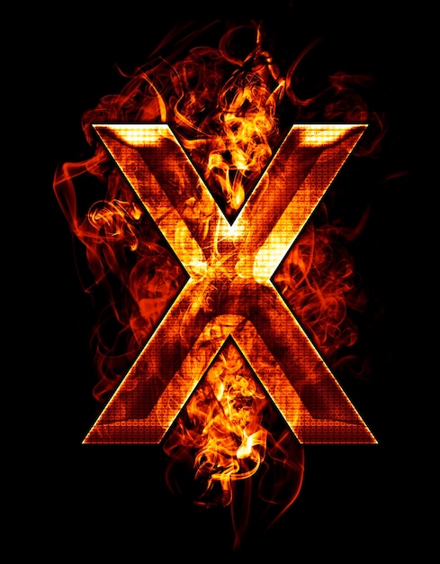 x, illustration de lettre avec effets chromés et feu rouge sur fond noir