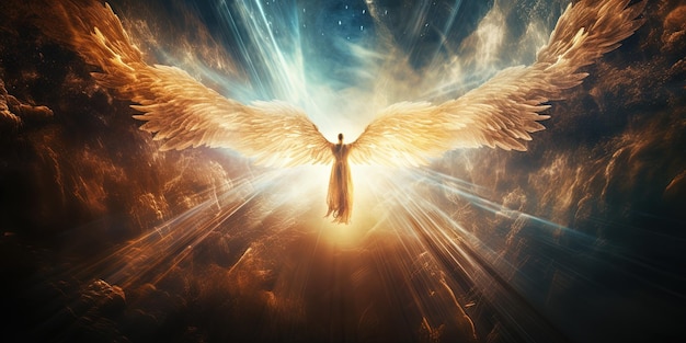 xAGlowing lumière ange volant dans le ciel religion foi spirituelle mythologie vibe