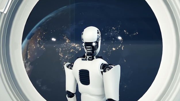 Xai robot futuriste intelligence artificielle cgi à l'intérieur d'un vaisseau spatial dans l'univers spatial