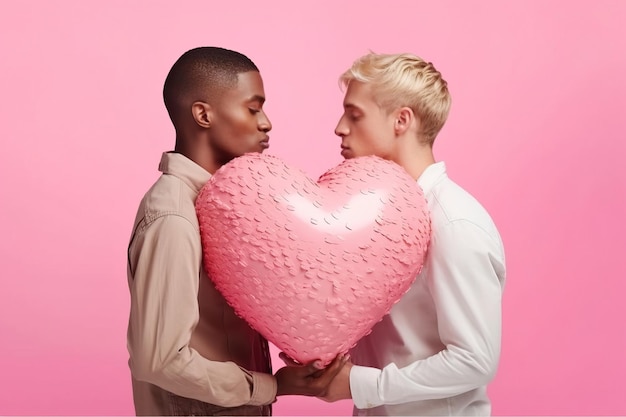 XAPortrait d'un couple gay un Africain et une blonde tenant un ballon rose en forme de coeur tourné en studio sur fond rose fierté LGBTQ