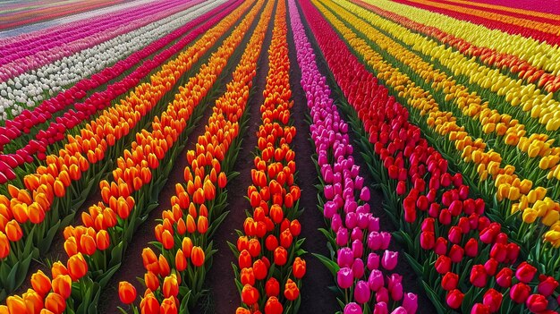 xPerspective aérienne d'un champ de tulipes en pleine floraison