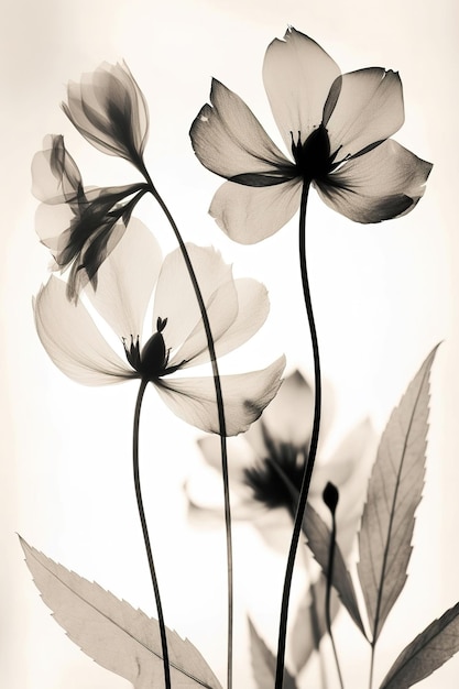 xray herbier artistique fleurs et feuilles sur fond blanc IA générative