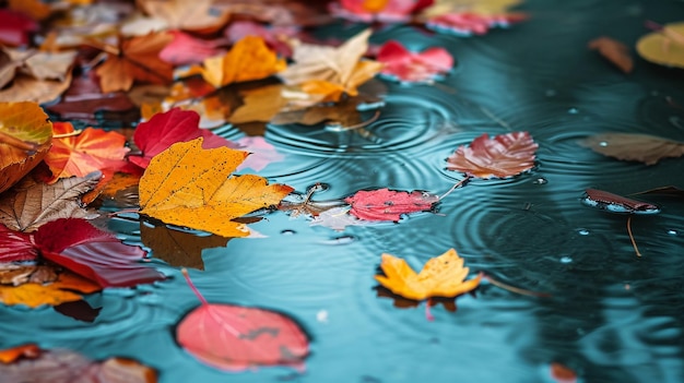 xUne composition abstraite de feuilles d'automne vibrantes éparpillées sur une surface réfléchissante