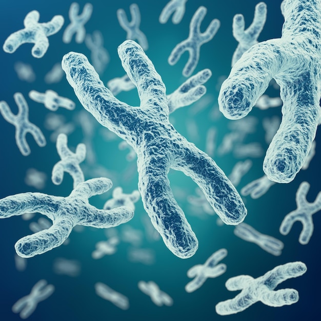 XYchromosomes sur la thérapie génique de symbole médical de fond ou la recherche génétique en microbiologie avec effet de mise au point rendu 3d